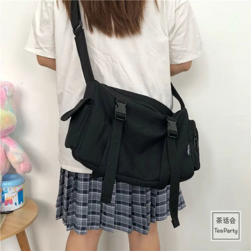 Japanese Harajuku Women Messenger Bag Solid Color Canvas Crossbody