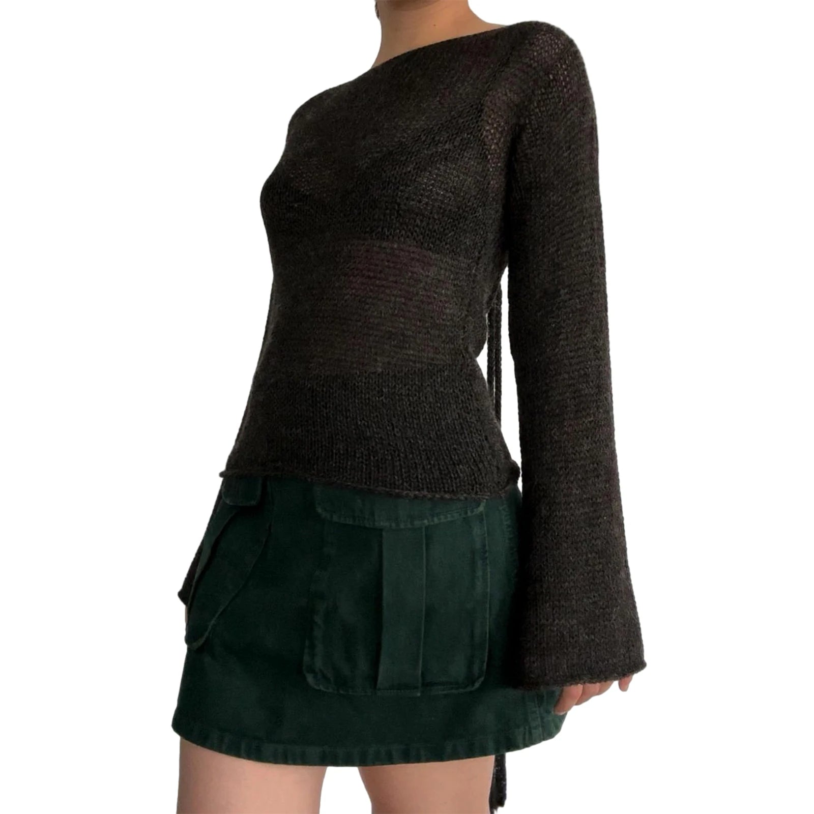 Fashion Women's T-shirt Tie Back Sweaters Long Sleeve Boat Neck Solid