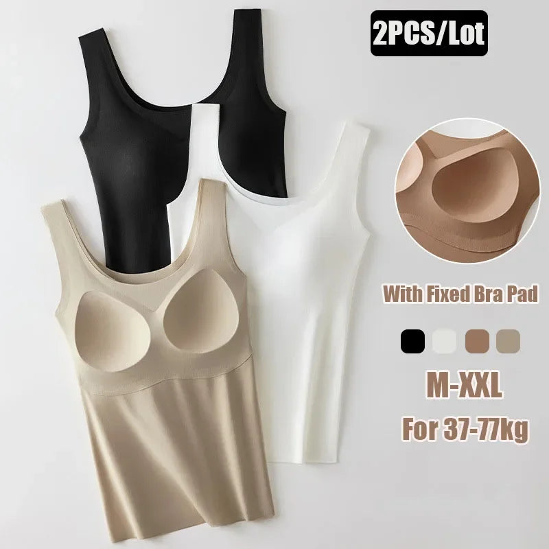 2PCS/Lot Silk Seamless Tank Top with Fixed Chest Pad Women's Camisole