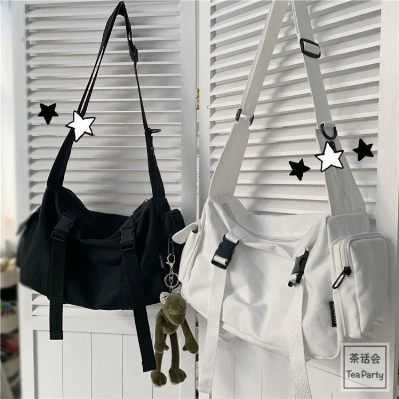 Japanese Harajuku Women Messenger Bag Solid Color Canvas Crossbody