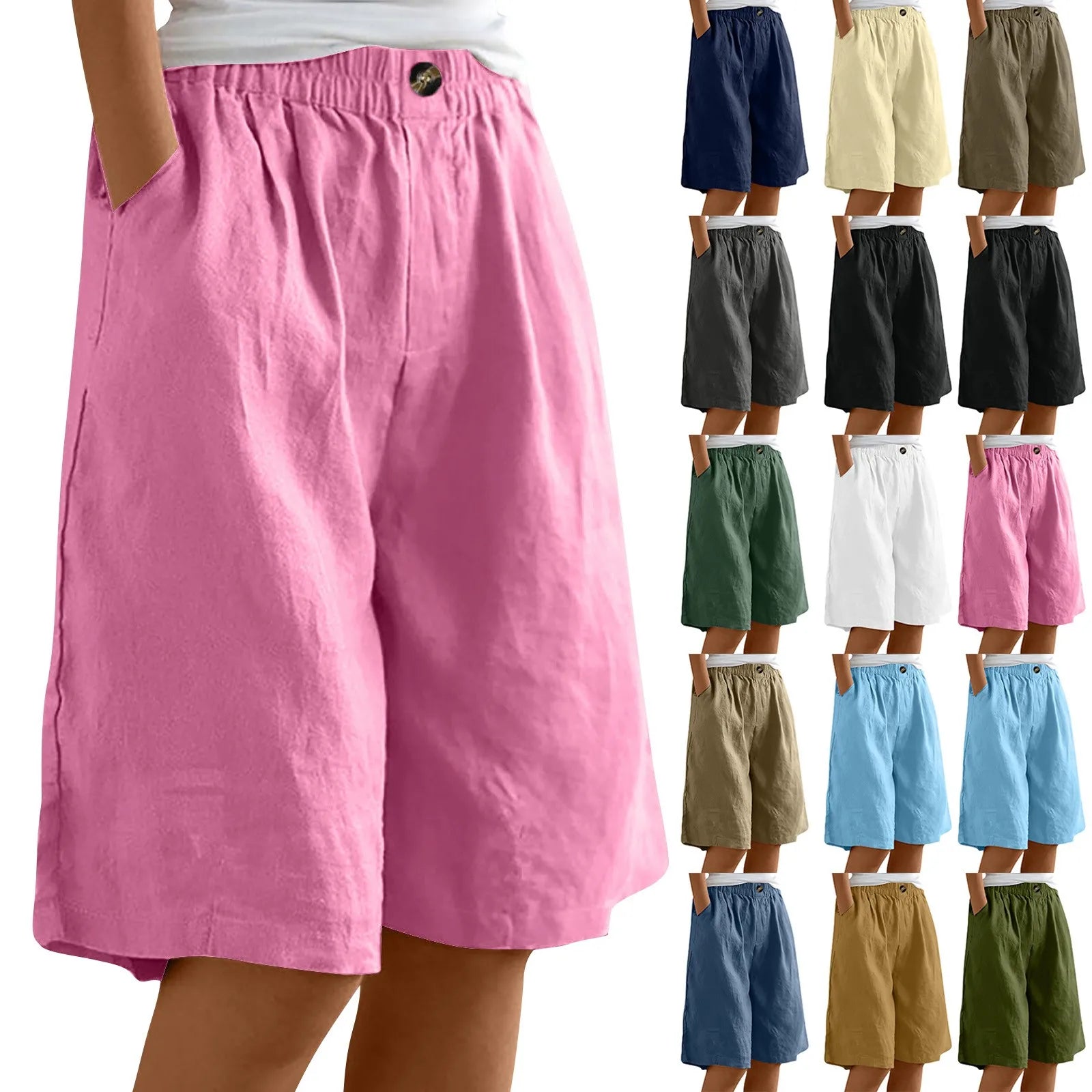 Cotton Linen Shorts Women Summer New Solid Vintage Elastic Waist Wide