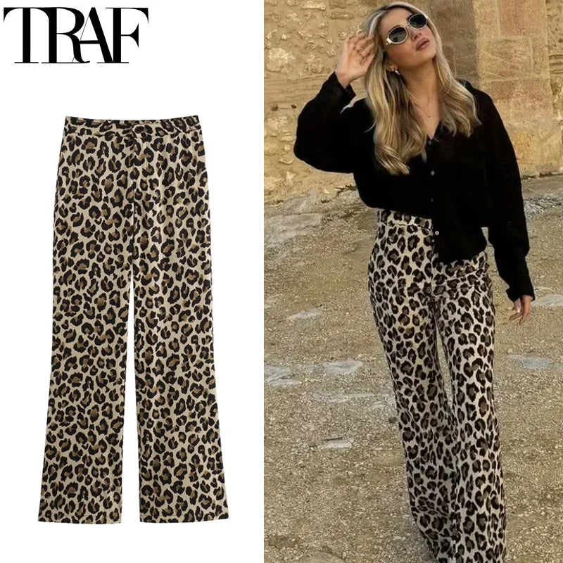 TRAF Vintage Leopard Pants Women High Waist Animal Print Baggy Pants