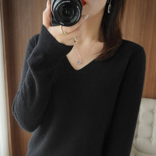 New Cashmere Women's V-neck Pullover Lace Neck Hollow Out Design