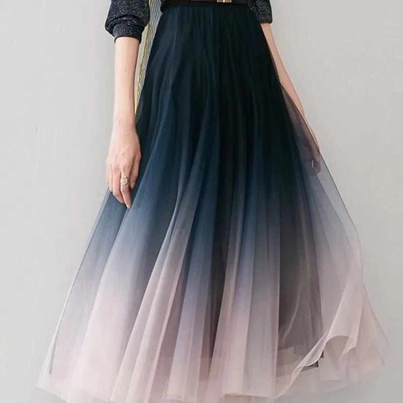 MEXZT Elegant Tulle Skirts Women High Waist Gradient Mesh Pleated Midi