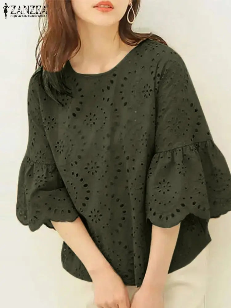 ZANZEA Fashion Summer 3/4 Sleeve Hollow Out Blouse Women Elegant Lace