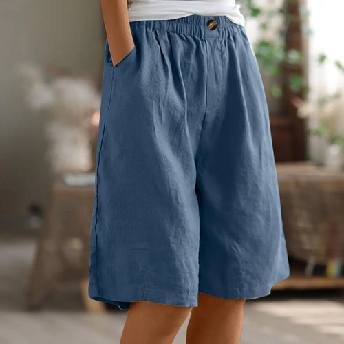 Cotton Linen Shorts Women Summer New Solid Vintage Elastic Waist Wide
