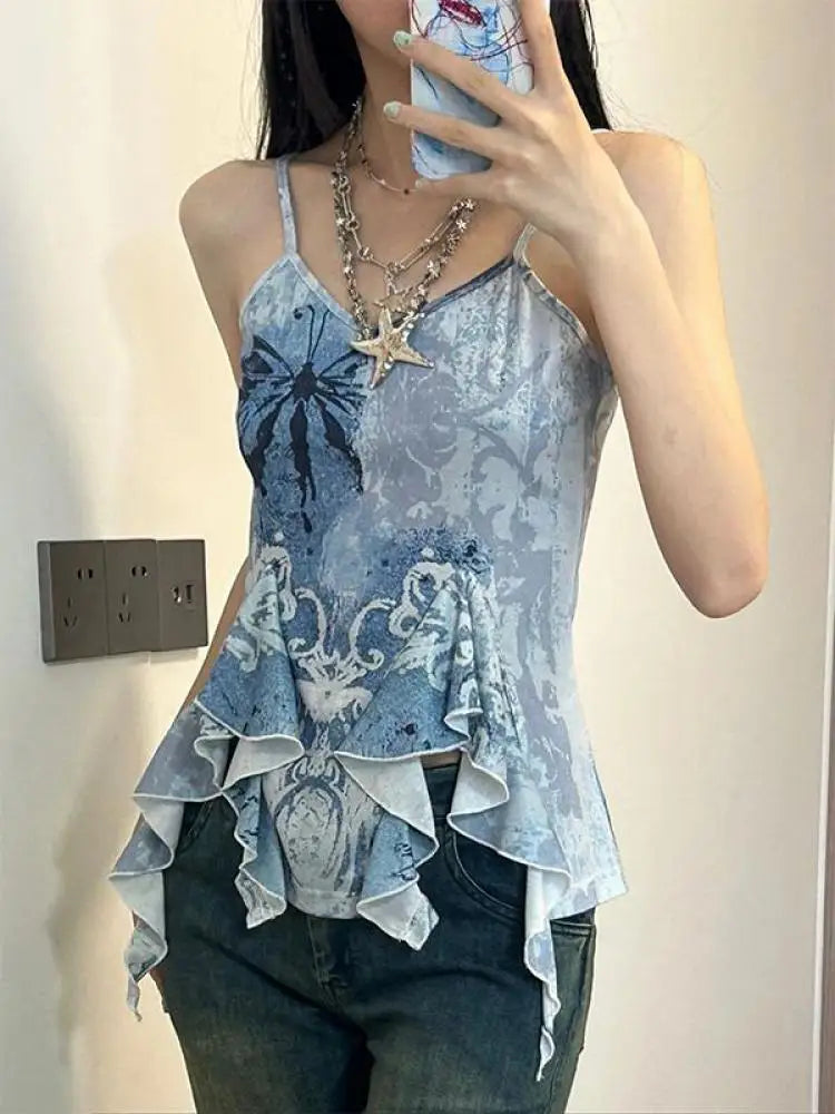 Genayooa Retro Tank Tops Women Sleeveless Blue Print Tank Y2k Vintage