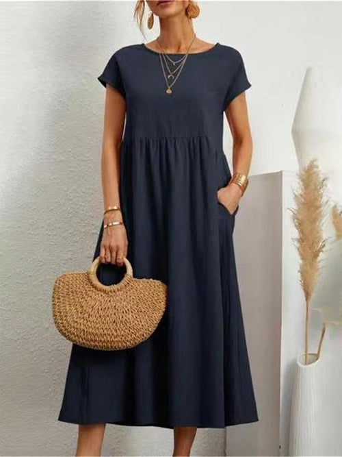 Women Elegant Solid Maxi Dress Summer Short Sleeve O Neck Vintage