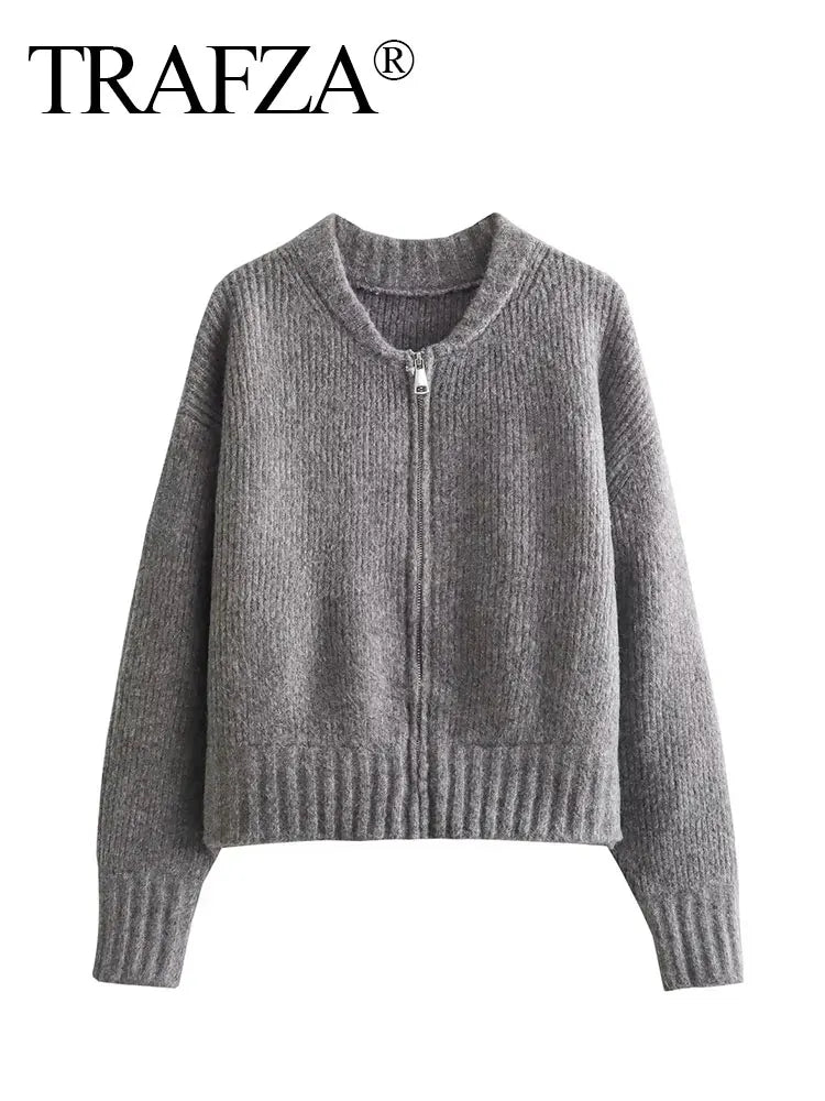 TRAFZA Women Vintage Solid Color Coat Long Sleeve Round Neck Sweater