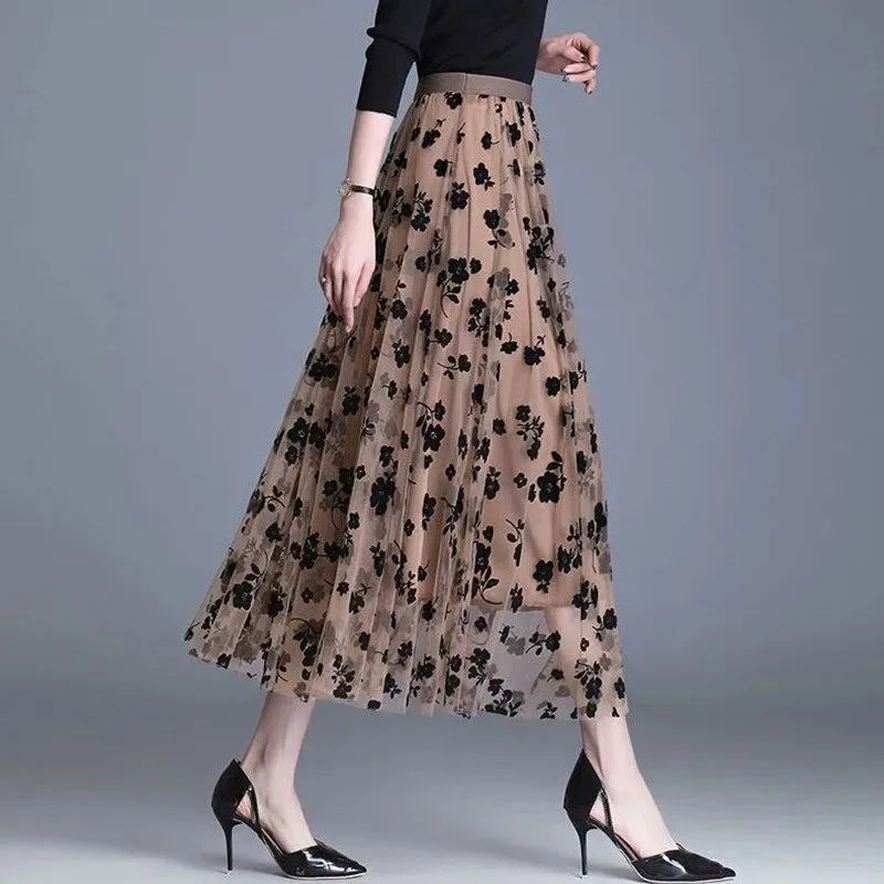 GIDYQ Korean Women Mesh Skirt Fashion Hook Flower Loose Midi Skirt