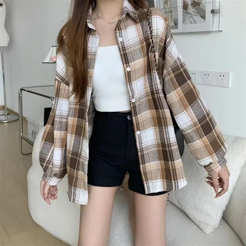 Plaid Shirt Women Fashion Autumn Long Sleeve Top Female Vintage Single
