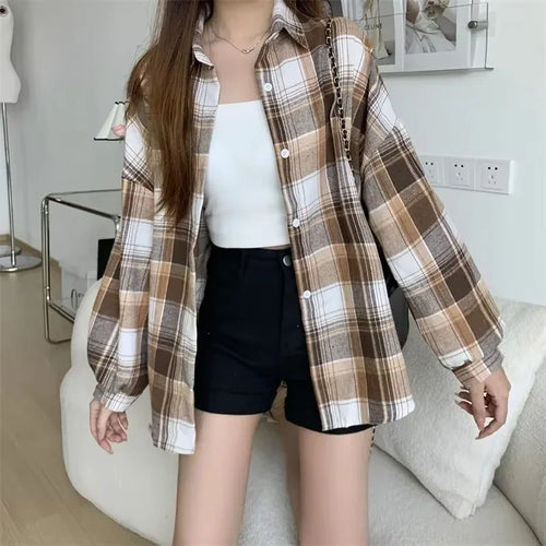 Plaid Shirt Women Fashion Autumn Long Sleeve Top Female Vintage Single