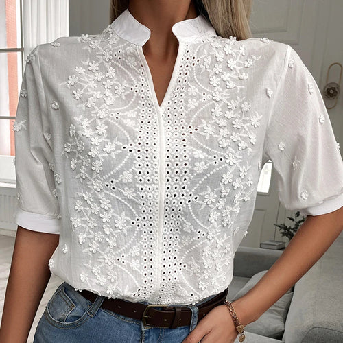 Summer Floral Embroidery Lace Blouse Fashion Women V Neck Casual Shirt