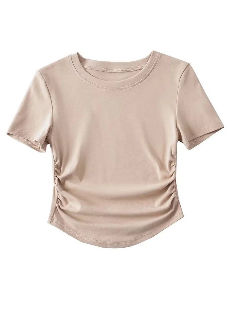 Harajuku Women Crew Neck Short Sleeve Cotton Tee With Ruched Sides