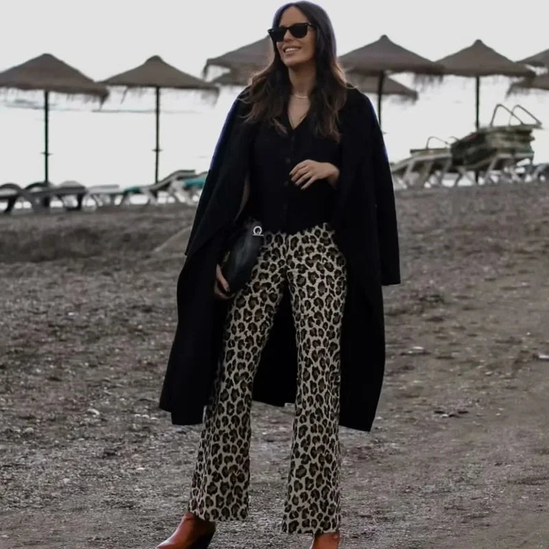 TRAF Vintage Leopard Pants Women High Waist Animal Print Baggy Pants
