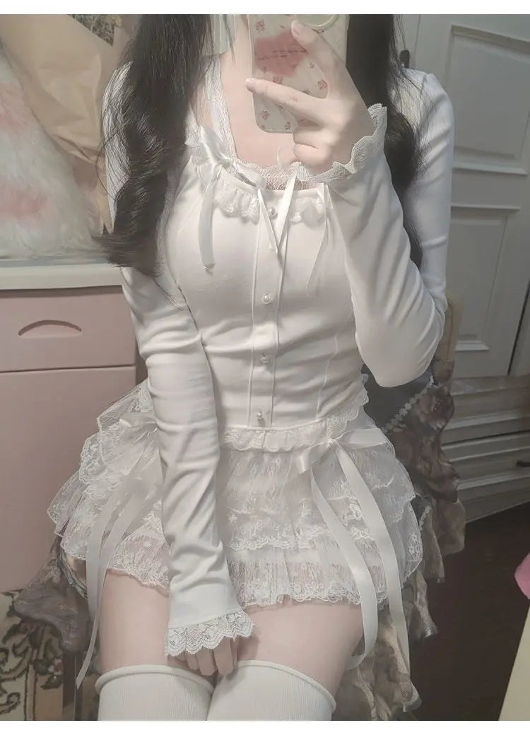 Y2k Lace Sweet Girl Korea Summer Skirts Women Clothes White MIni Skirt