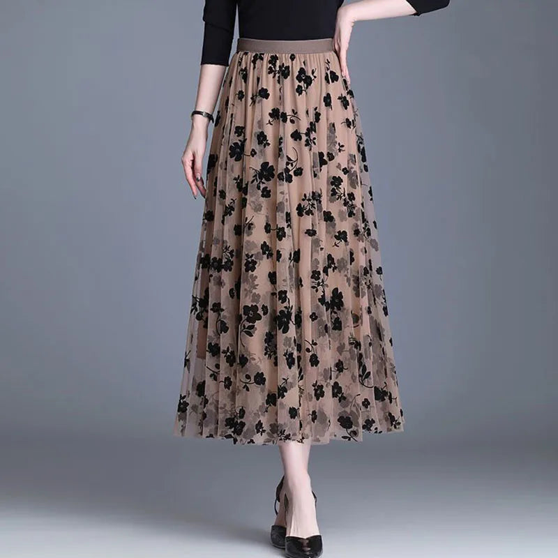 GIDYQ Korean Women Mesh Skirt Fashion Hook Flower Loose Midi Skirt