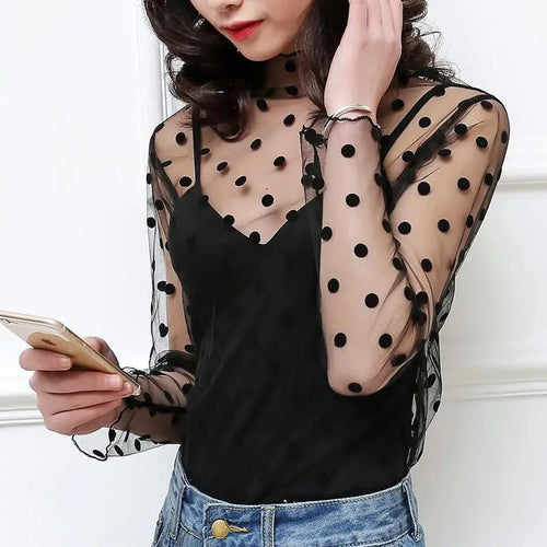 Spring Summer Women Sexy Black Mesh Tops Bottoming T Shirts