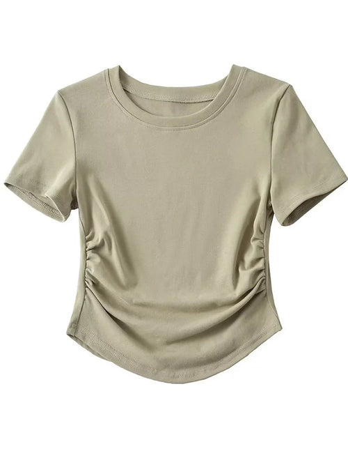 Harajuku Women Crew Neck Short Sleeve Cotton Tee With Ruched Sides