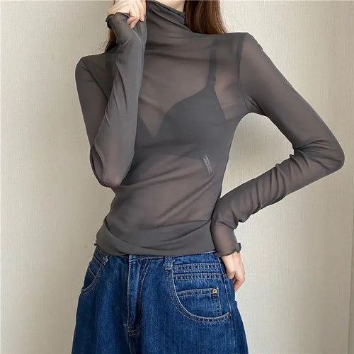 Sexy Women T Shirt See Through Transparent Mesh Tops Long Sleeve Sheer