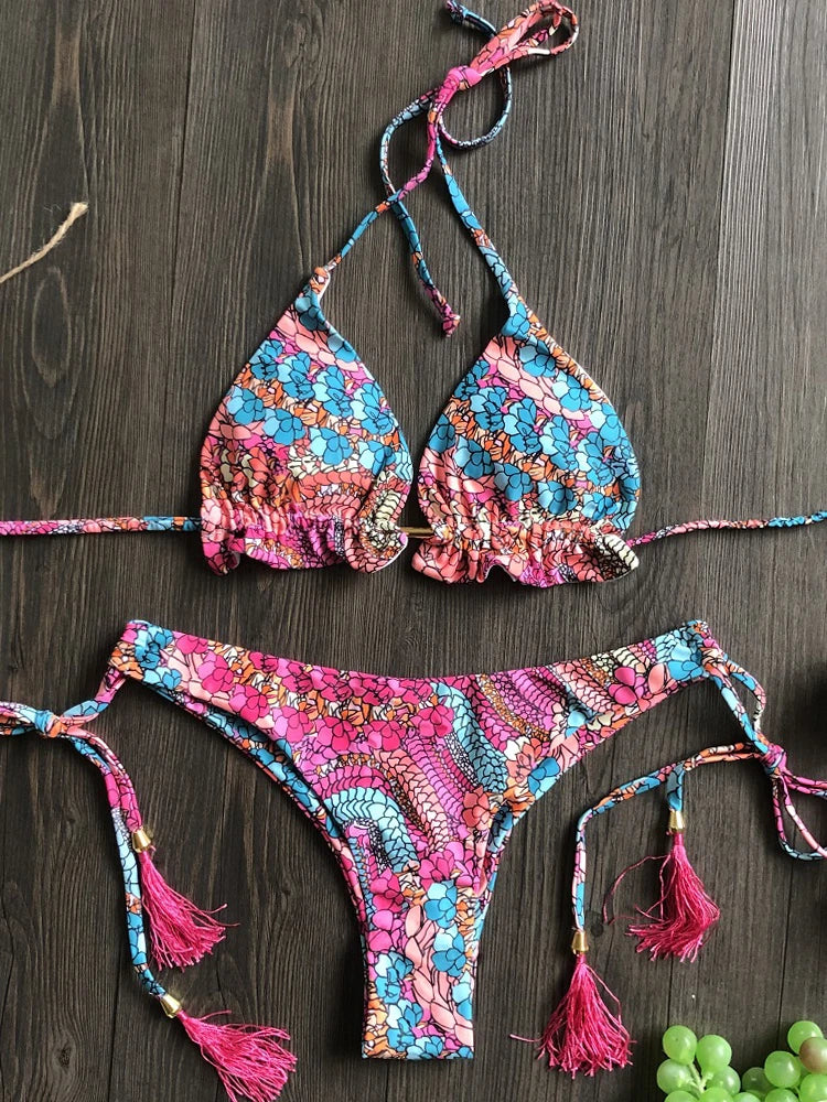 2022 Sexy Bikini Floral Print Swimwear String Bikini Set Push Up