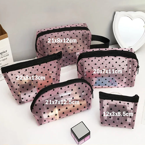 Heart Transparent Mesh Makeup Bag Multifunction Portable Women