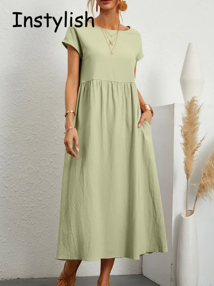 Women Elegant Solid Maxi Dress Summer Short Sleeve O Neck Vintage