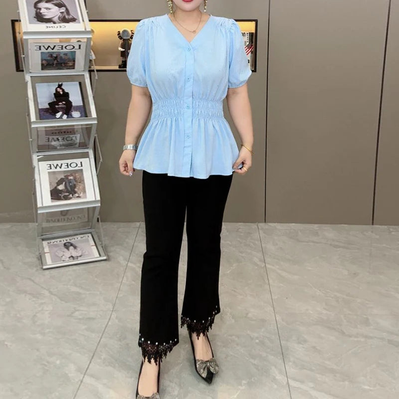 200 Pounds Plus Size Elastic Waist Summer Shirt And Blouse Short