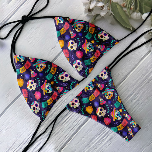 Fashion Bikini Set Women Backless Low Waist Sexy Skull Pattern Printed