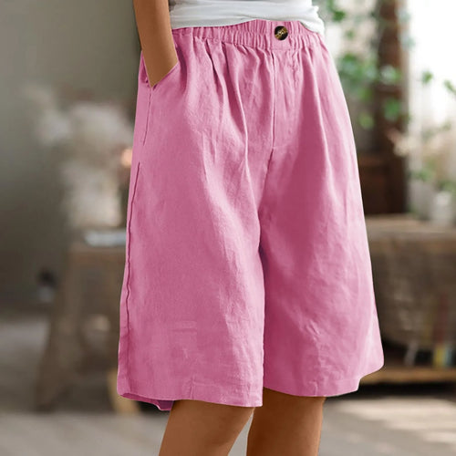 Cotton Linen Shorts Women Summer New Solid Vintage Elastic Waist Wide