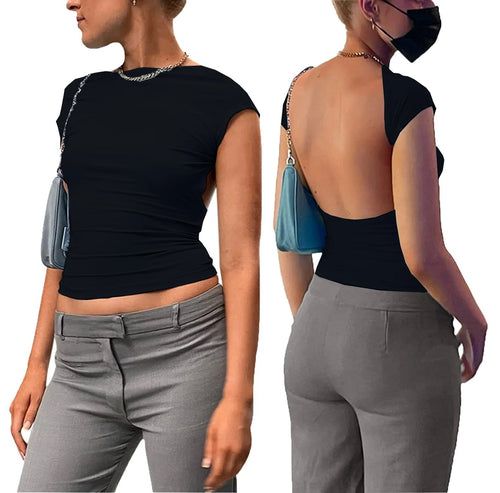 Short Sleeve Backless Tops Women Street Wear 2023 Skinny Basic Summer