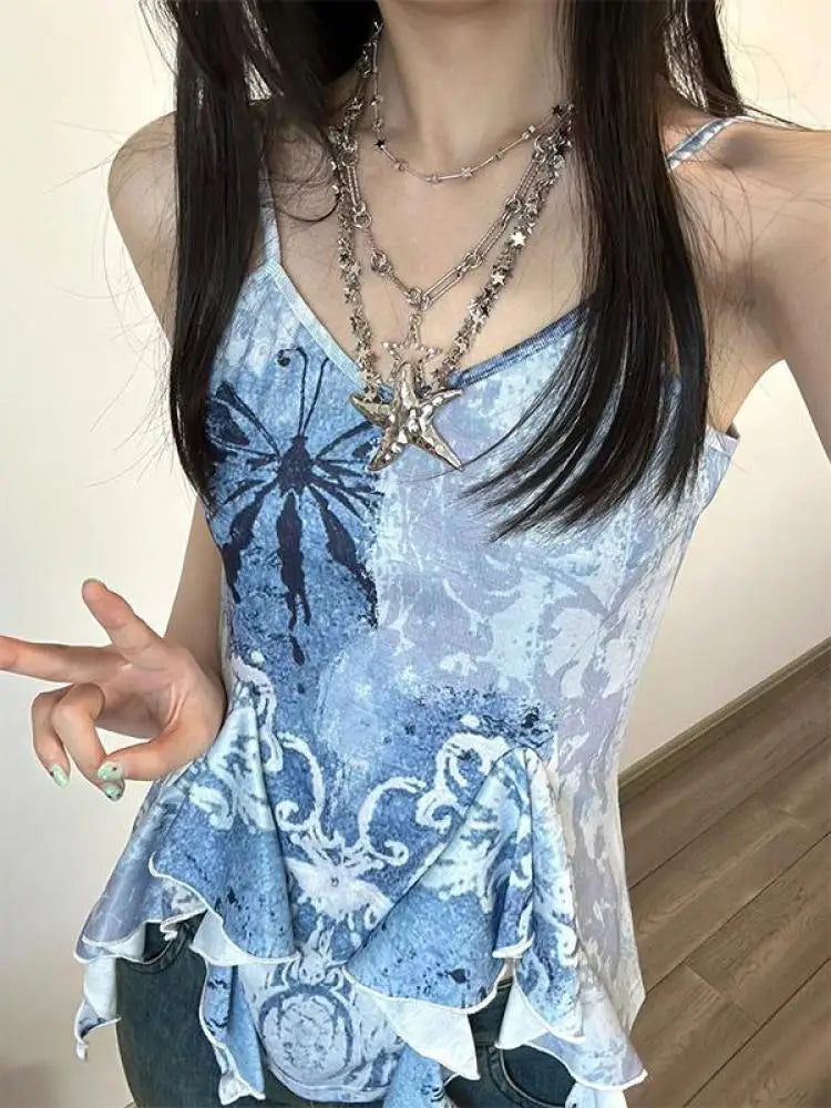 Genayooa Retro Tank Tops Women Sleeveless Blue Print Tank Y2k Vintage