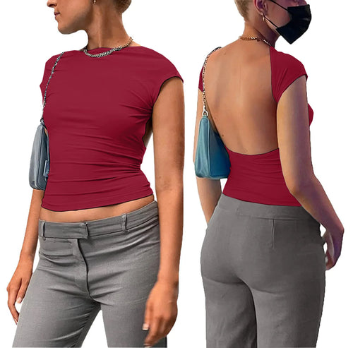 Short Sleeve Backless Tops Women Street Wear 2023 Skinny Basic Summer