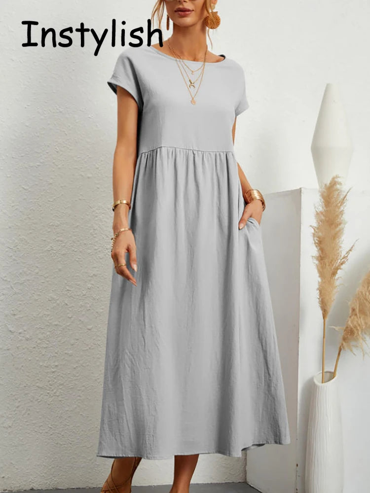 Women Elegant Solid Maxi Dress Summer Short Sleeve O Neck Vintage