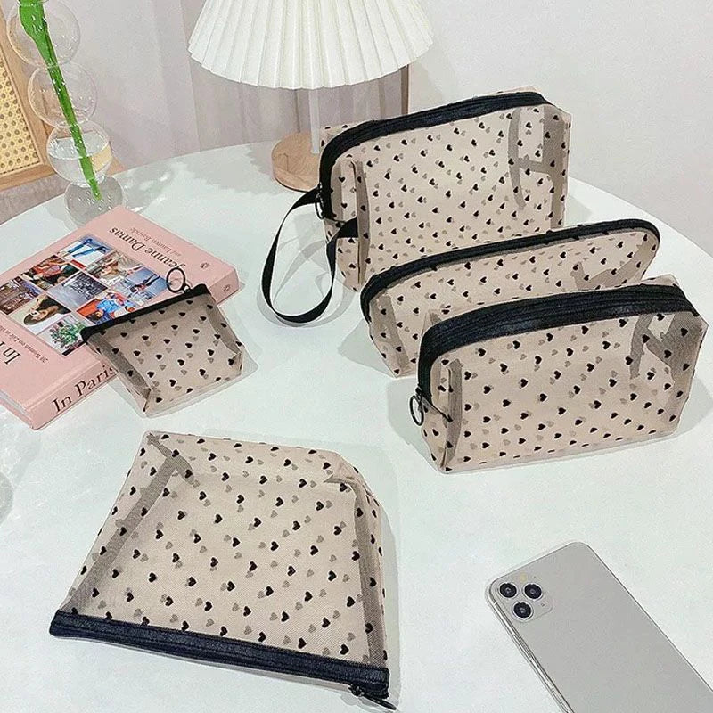 Heart Transparent Mesh Makeup Bag Multifunction Portable Women