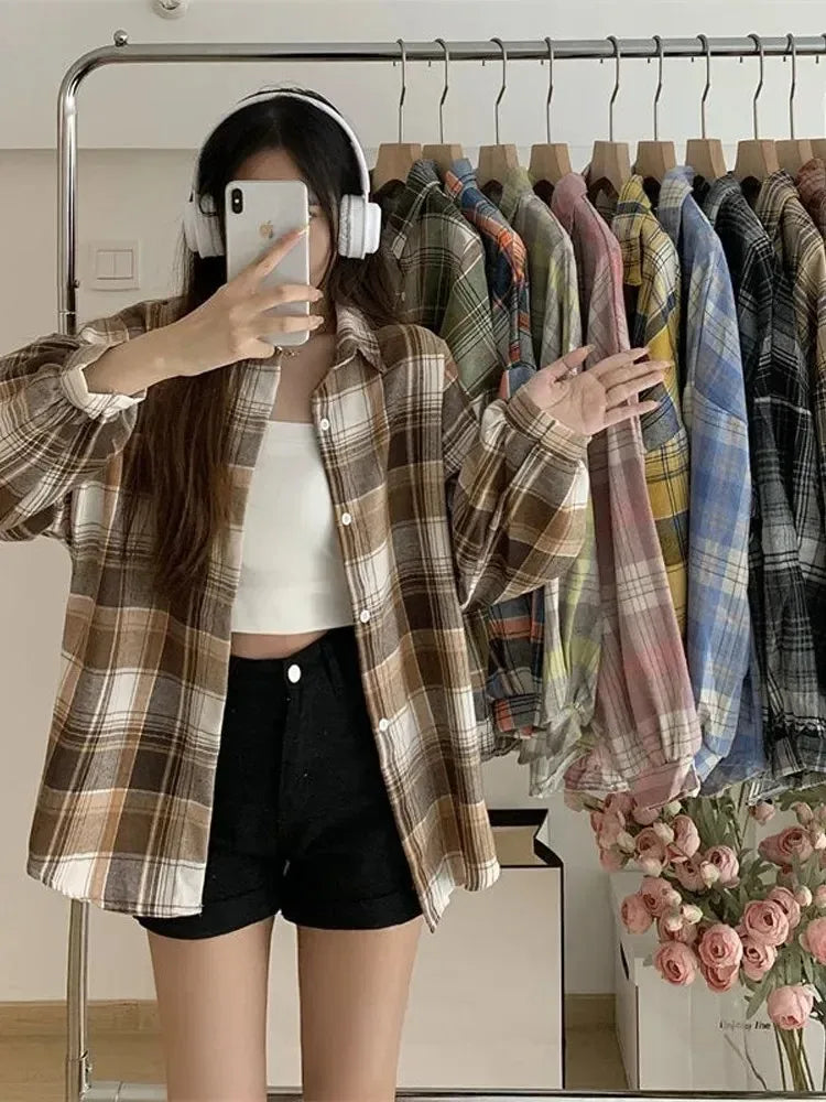 Plaid Shirt Women Fashion Autumn Long Sleeve Top Female Vintage Single