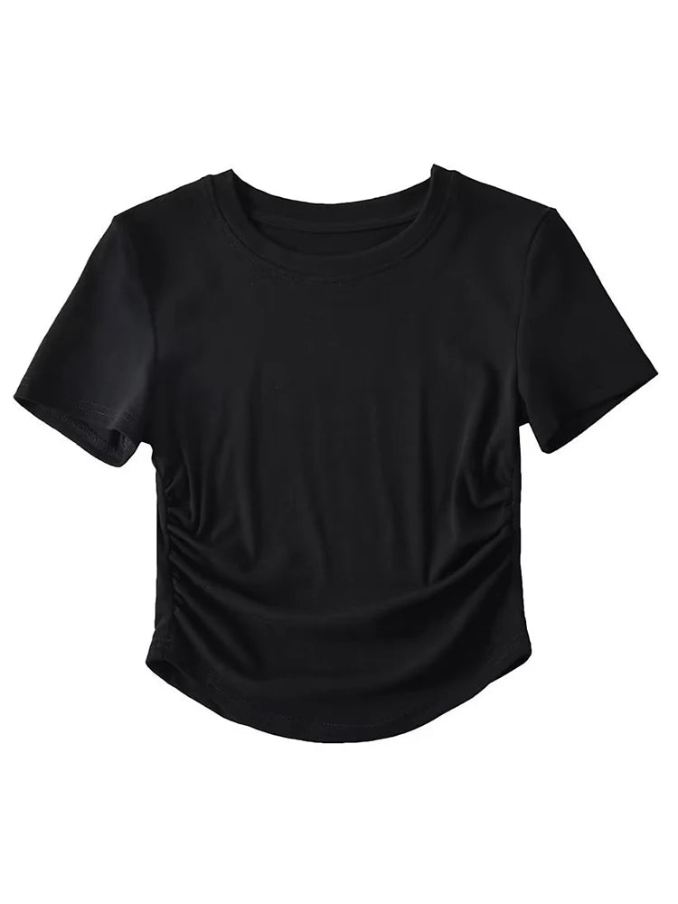 Harajuku Women Crew Neck Short Sleeve Cotton Tee With Ruched Sides