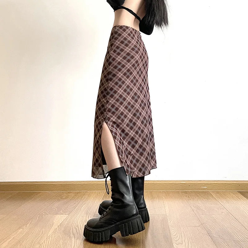 Women Spring Autumn Plaid Print Wrap Hips Skirts Fashion Ankle-Length