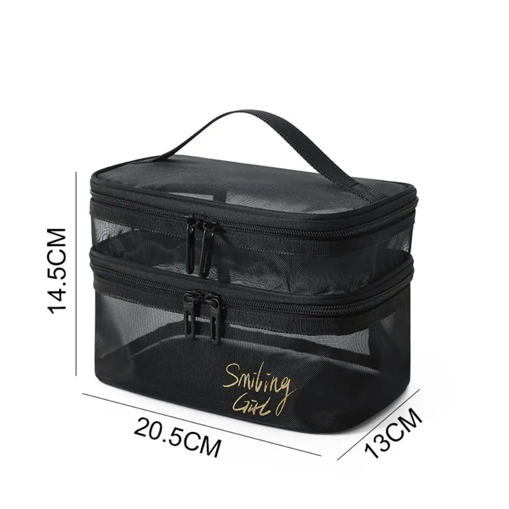 Double-layers Black Mesh Cosmetic Bag Travel Portable Large-Capacity