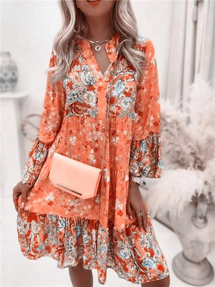 Casual Floral Print Dresses For Women 2024 Sping Summer Boho V Neck