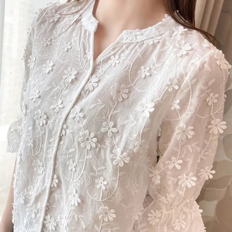 Women's Cotton Short Sleeve Lace Blouse, Summer Tops, Embroidery