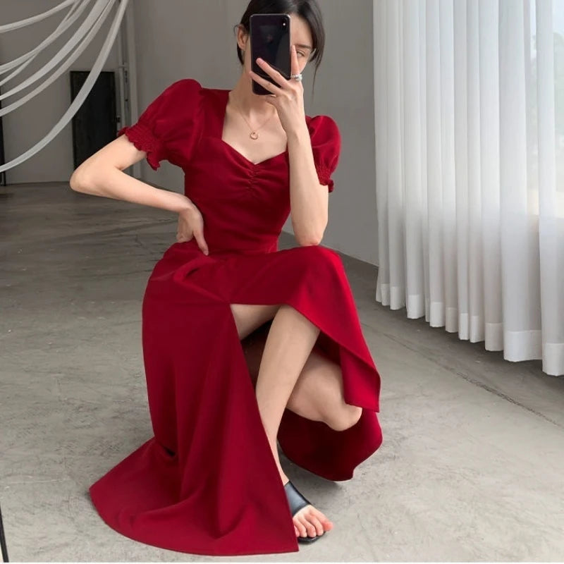 Solid Puff Short-Sleeved Elegant Slit Dress New Fashion Women V-neck