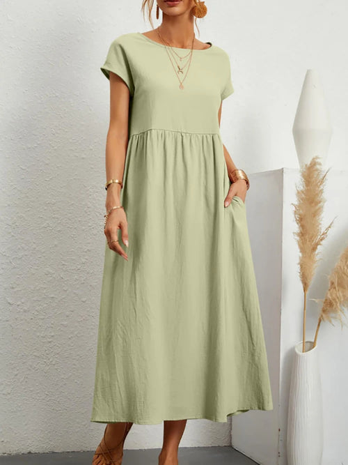 Women Elegant Solid Maxi Dress Summer Short Sleeve O Neck Vintage