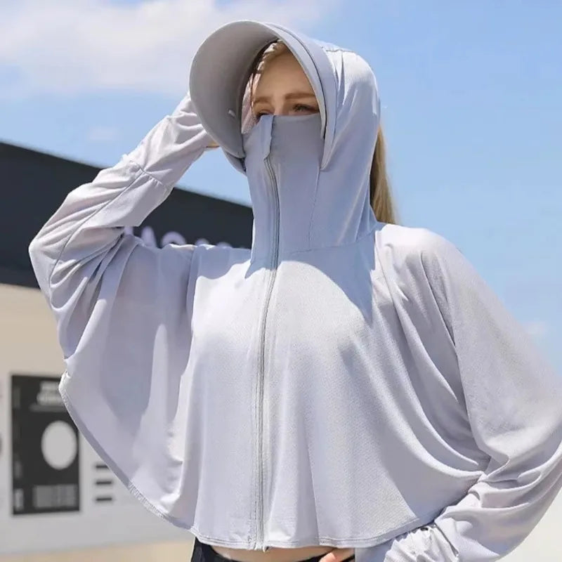 UPF 50+ Women Sunscreen Hoodie Solid Color Thin Ice Silk Summer UV