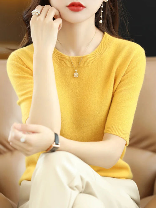 New Short-sleeved Knitwear Women O-neck T-shirt Wool Cotton Blend