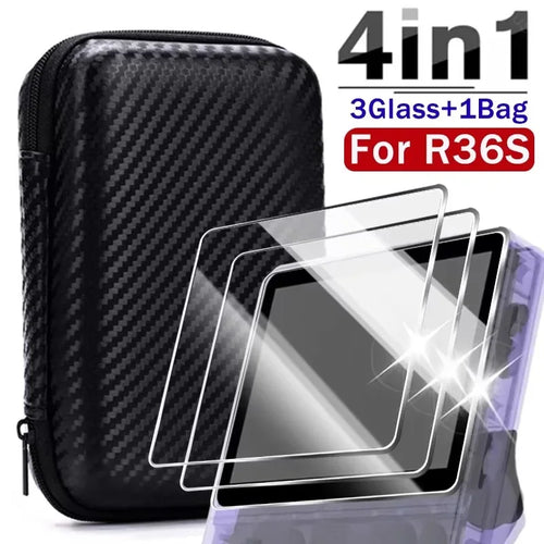 4 IN 1 Case+Glass for R36S Game Console Travel Carrying Storage Bag &