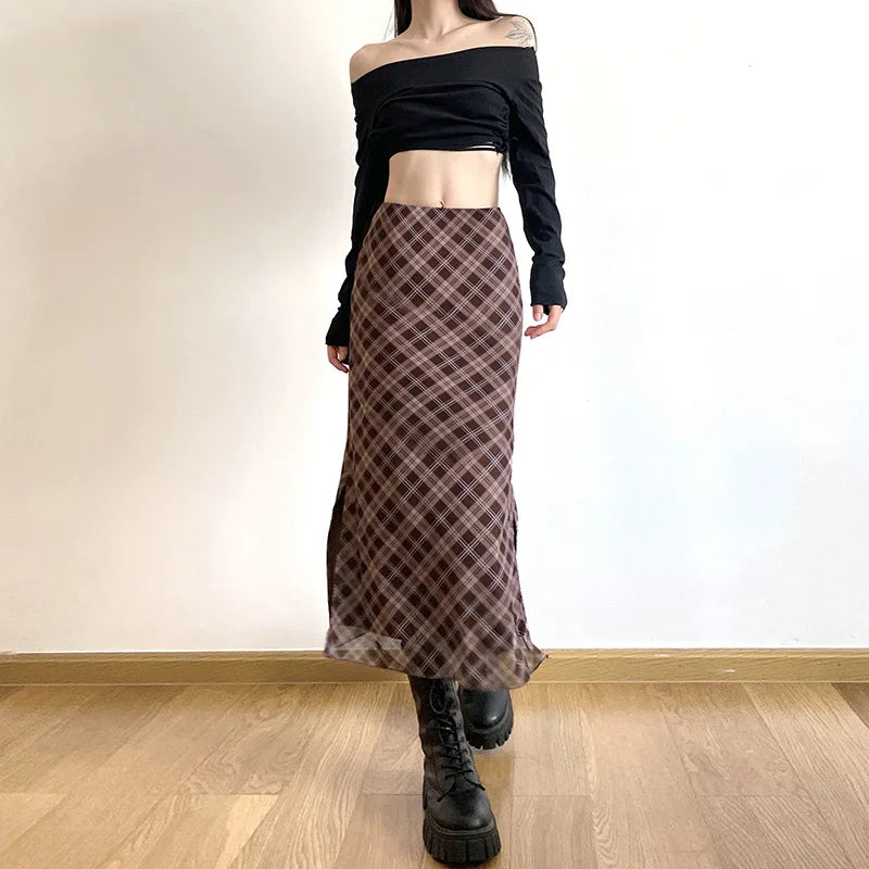 Women Spring Autumn Plaid Print Wrap Hips Skirts Fashion Ankle-Length