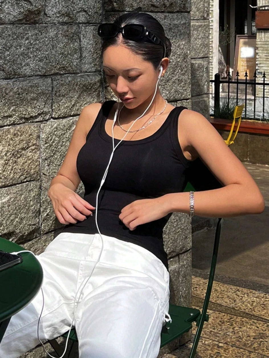 Summer Women Solid Tank Top Sleeveless Tight Ribbed Female Black Knit