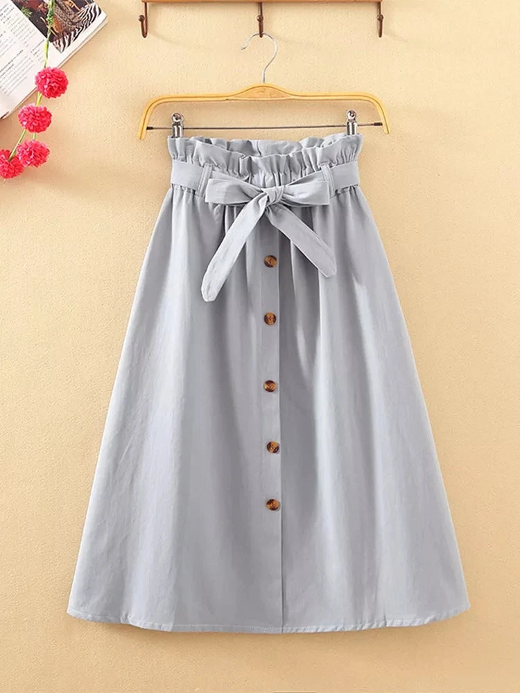 Summer Autumn Skirts Womens Midi Knee Length Korean Elegant Button