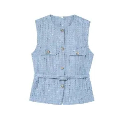 TRAFZA Women Fashion Tweed Belt Waistcoat O Neck Single Breasted